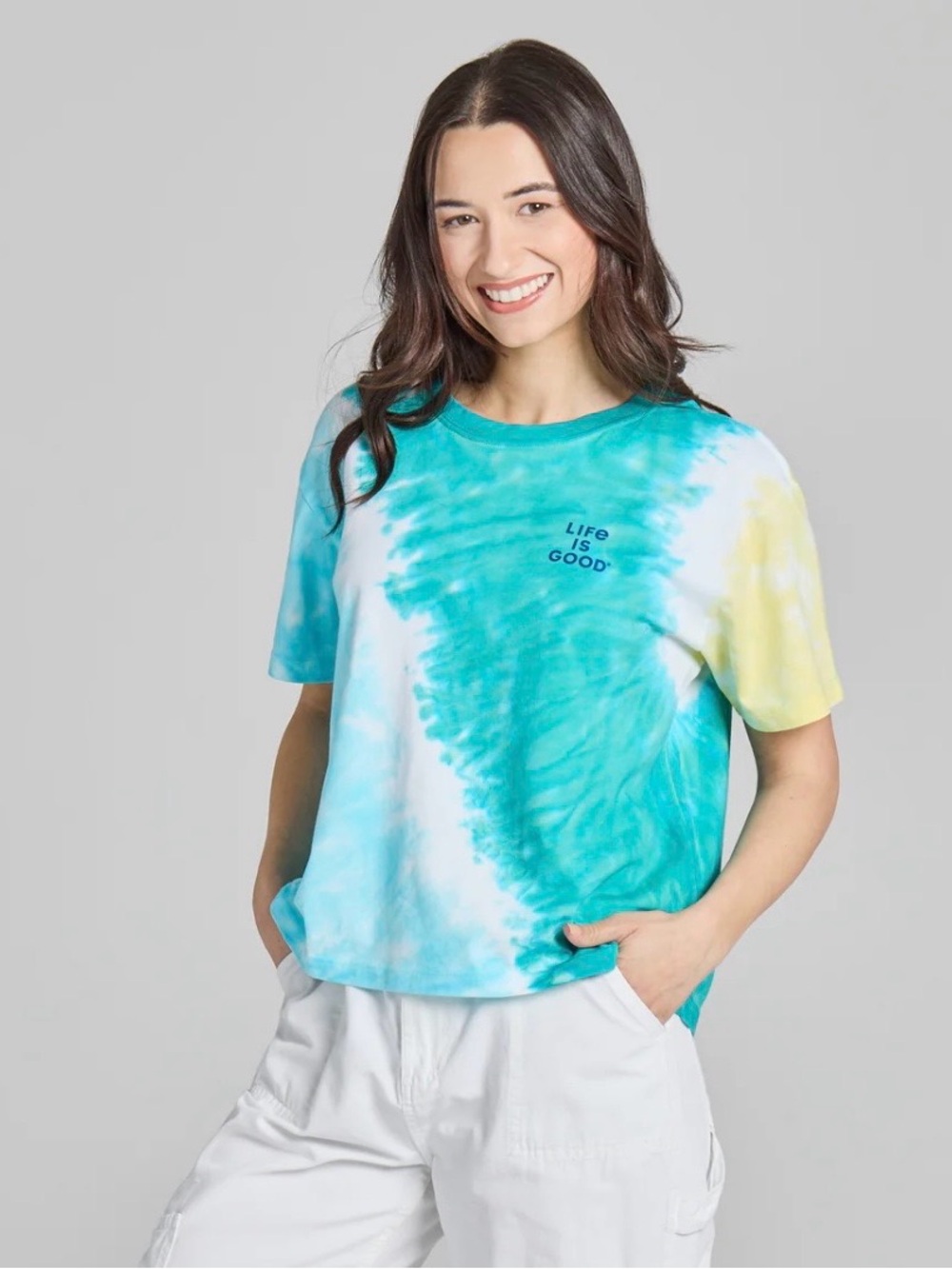 Life Is Good Tie-Dye Short Sleeve Tee in Aqua, Yellow, White